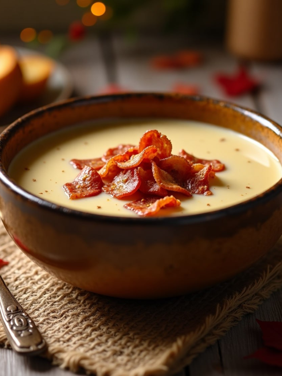 Нежный грибной крем-суп с хрустящими чипсами из бекона